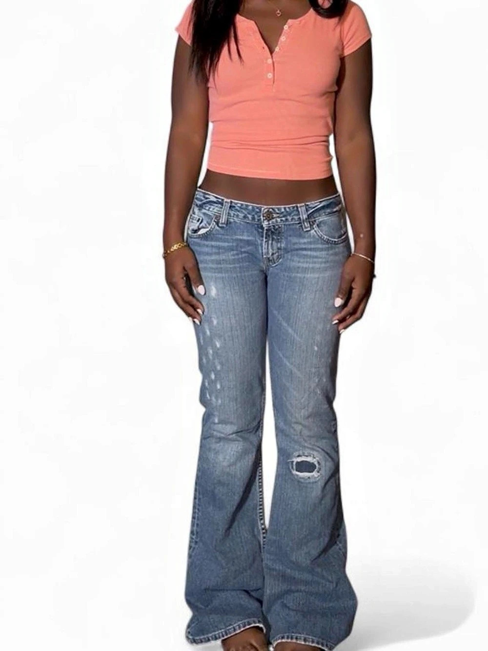 Bke Women's Blue Distressed Flare Jeans